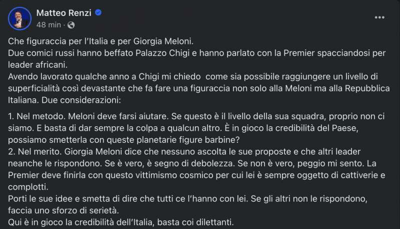 MATTEO RENZI E LO SCHERZO TELEFONICO A GIORGIA MELONI