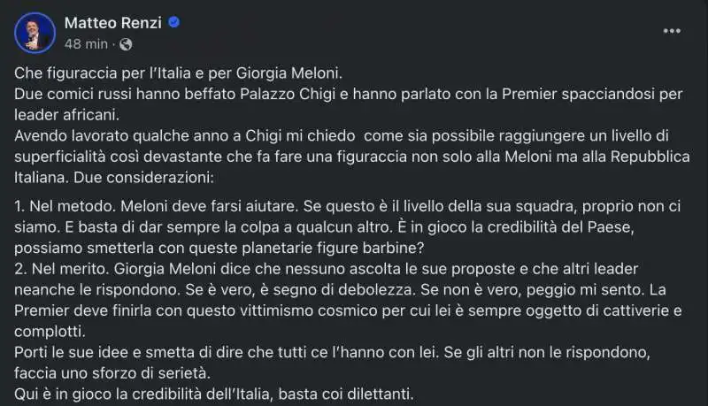 MATTEO RENZI E LO SCHERZO TELEFONICO A GIORGIA MELONI