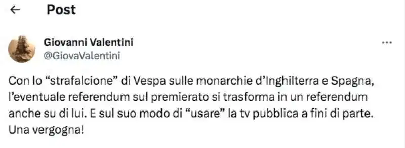 TWEET DI GIOVANNI VALENTINI SUL CASO BRUNO VESPA E PREMIERATO