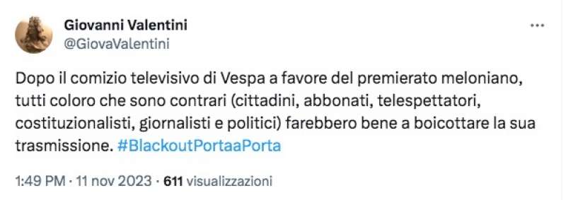 TWEET DI GIOVANNI VALENTINI SUL CASO BRUNO VESPA E PREMIERATO