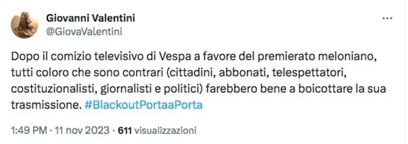 TWEET DI GIOVANNI VALENTINI SUL CASO BRUNO VESPA E PREMIERATO