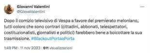 TWEET DI GIOVANNI VALENTINI SUL CASO BRUNO VESPA E PREMIERATO