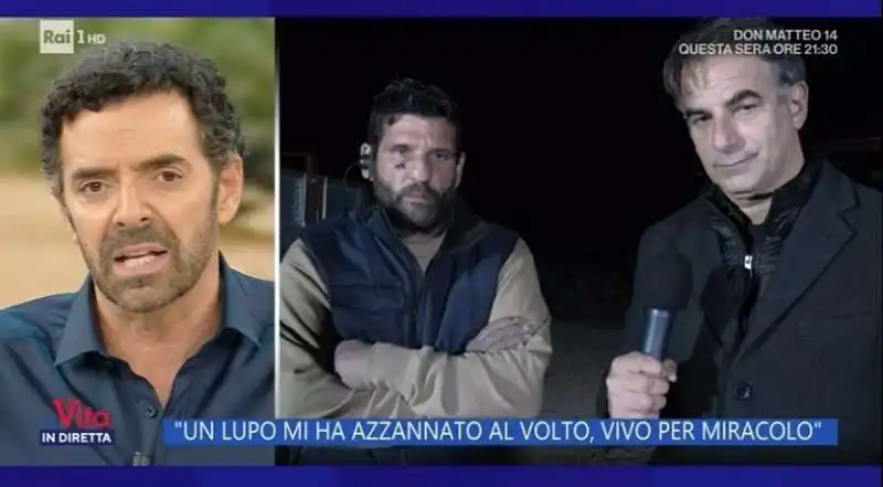 ALBERTO MATANO SALUTA UOMO AGGREDITO DA UN LUPO DICENDOGLI 'IN BOCCA AL LUPO'