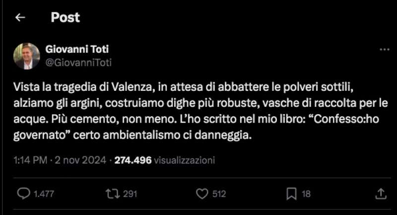 IL POST DI GIOVANNI TOTI SULL ALLUVIONE DI VALENCIA