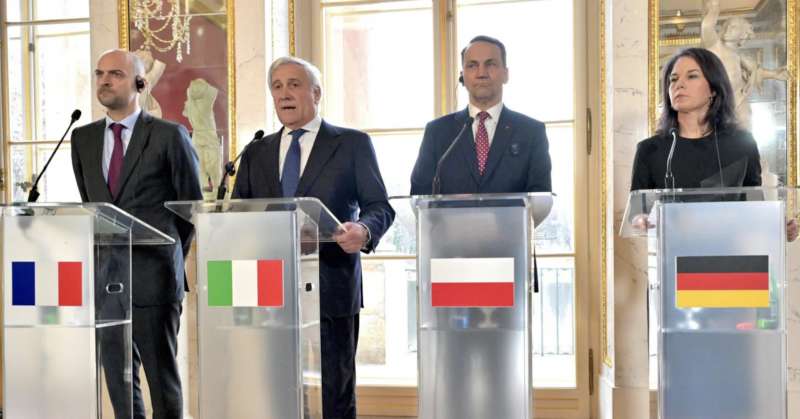 Jean-Noel Barrot - Antonio Tajani - Radoslaw Sikorski - Annalena Baerbock - Riunione sulla Sicurezza a Varsavia.jpg