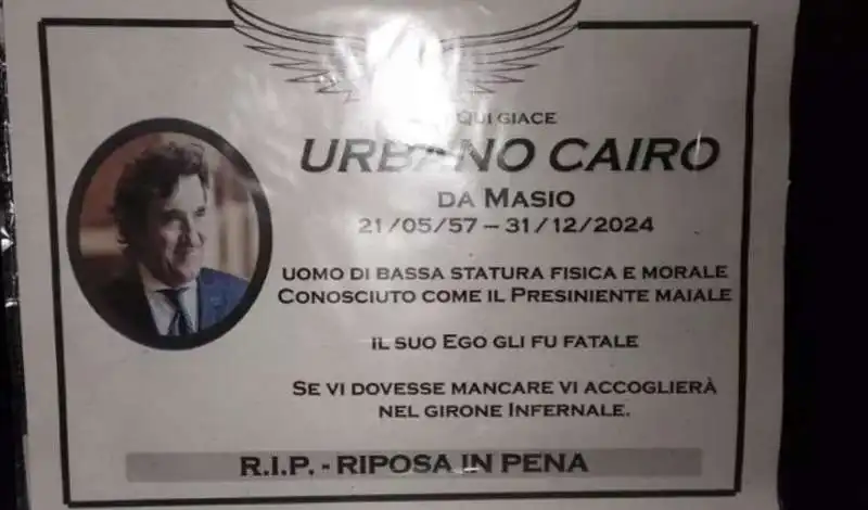 MANIFESTO FUNEBRE DEI TIFOSI DEL TORINO PER  URBANO CAIRO 