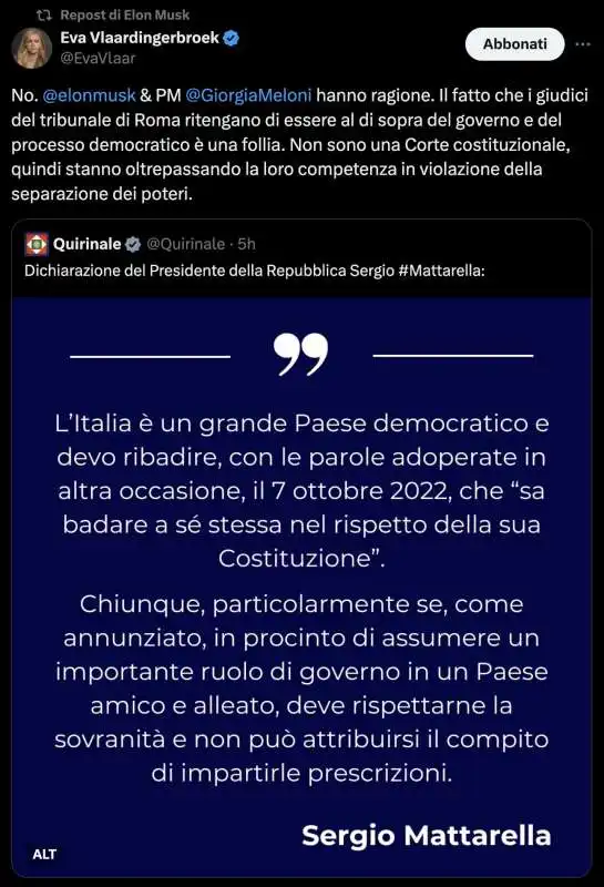 Tweet di Eva Vlaardingerbroek contro i giudici repostato da Elon Musk