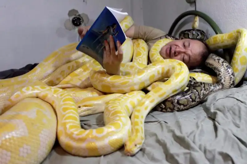 IL PROPRETARIO DI UNO ZOO LEGGE UN LIBRO AI SUOI SERPENTI A MANILA 