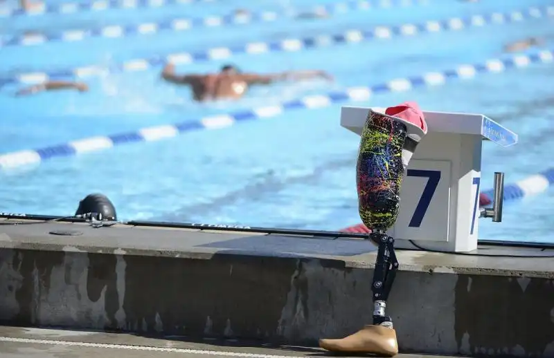 a prosthetic leg sits near the pool at the ipc swimming world championship in montrael 