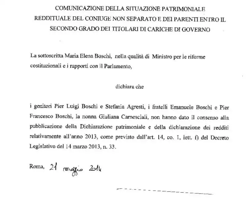 dichiarazione patrimoniale della famiglia di maria elena boschi dal sito del governo