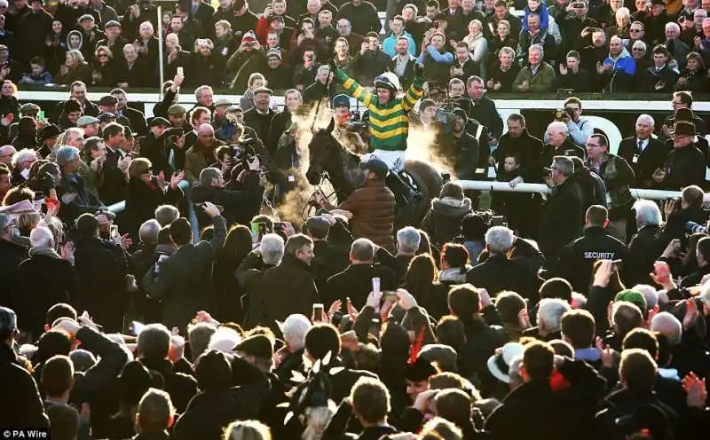 tony mccoy festeggia la sua vittoria alla hennessy gold cup