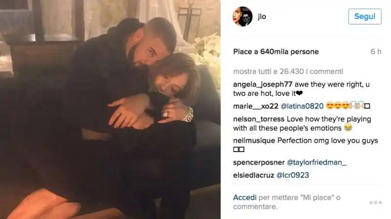 jennifer lopez e drake annunciano l amore su instagram