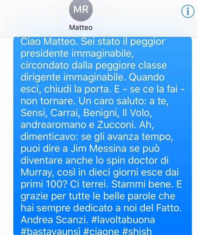 Sms di Andrea Scanzi a Matteo Renzi