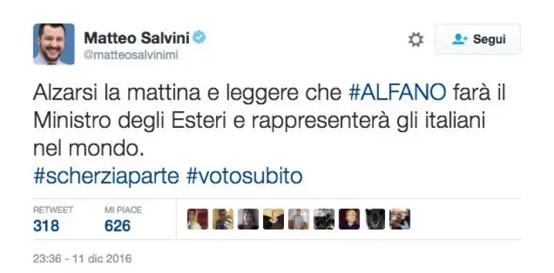 tweet Salvini su Alfano 