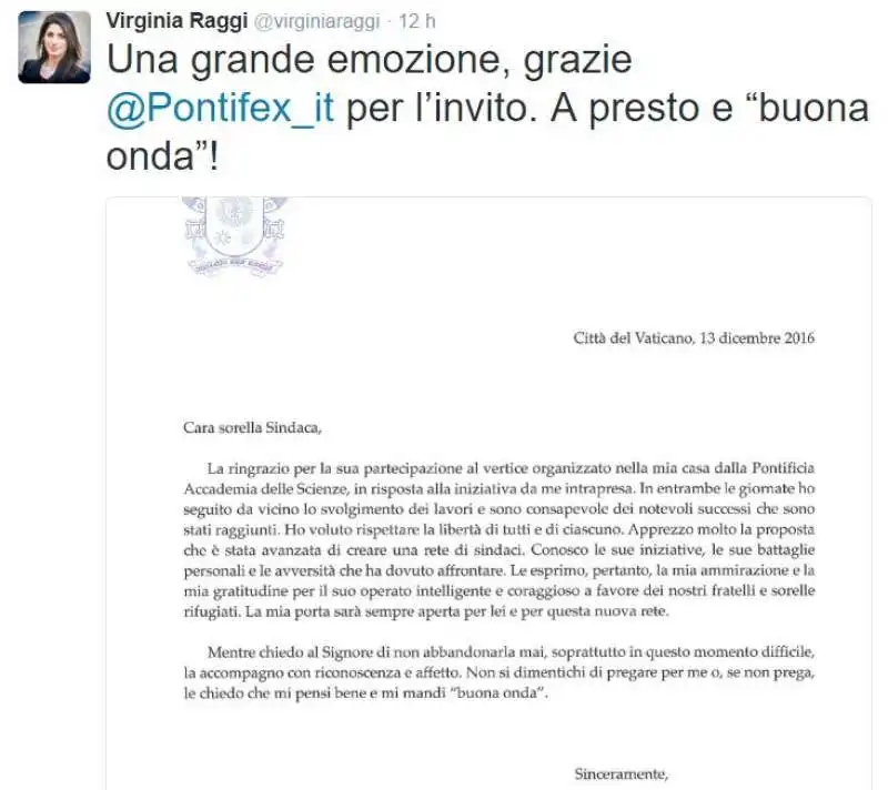 VIRGINIA RAGGI E LA LETTERA DEL PAPA