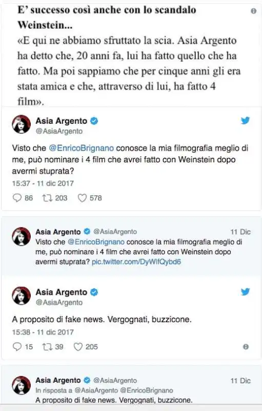 ASIA ARGENTO CONTRO ENRICO BRIGNANO