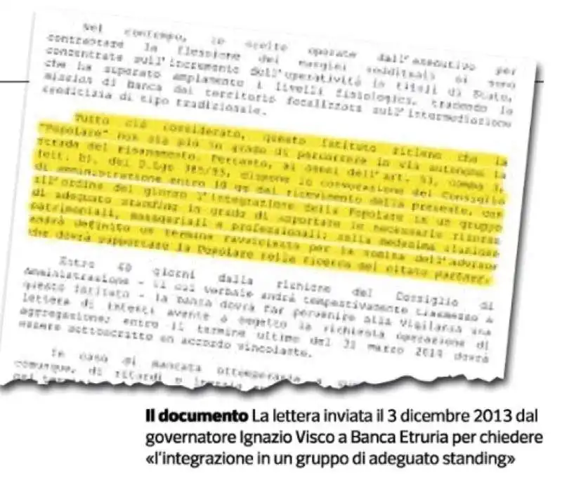 LA LETTERA DI IGNAZIO VISCO A BANCA ETRURIA