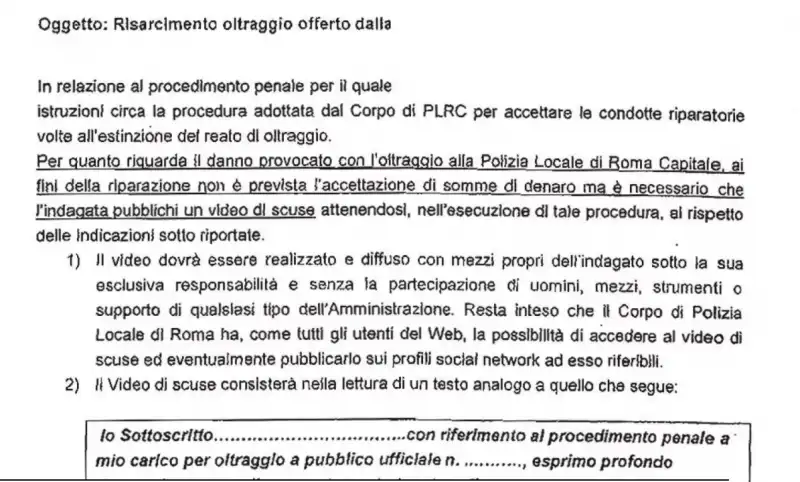 lettera di scuse ai vigili