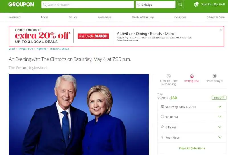 BILL E HILLARY CLINTON VENDONO I LORO BIGLIETTI SU GROUPON