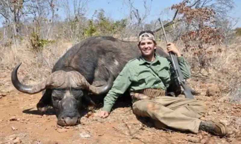 donald trump jr in zimbabwe con un bufalo appena cacciato