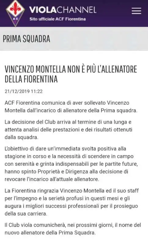 LA FIORENTINA ESONERA VINCENZO MONTELLA