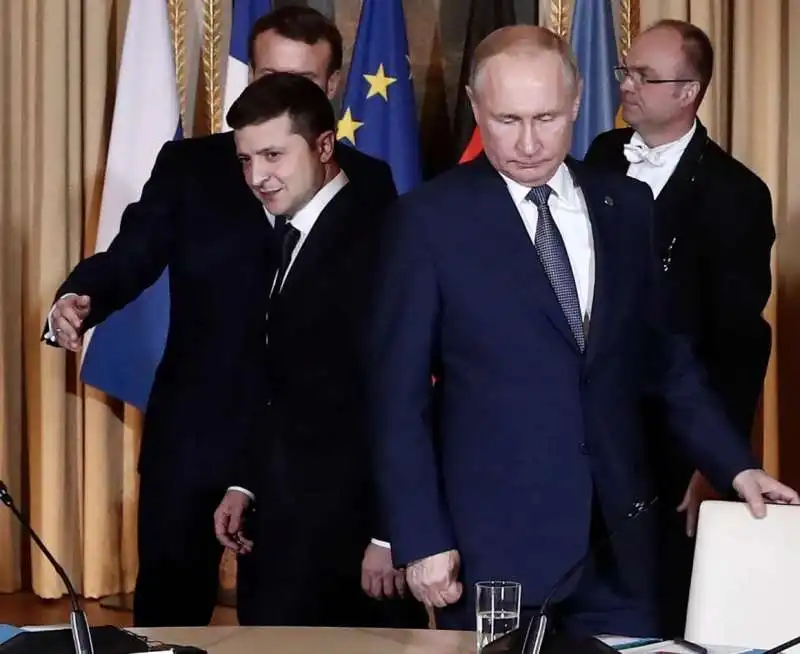 meeting normandia   voldymyr zelensky vladimir putin emmanuel macron