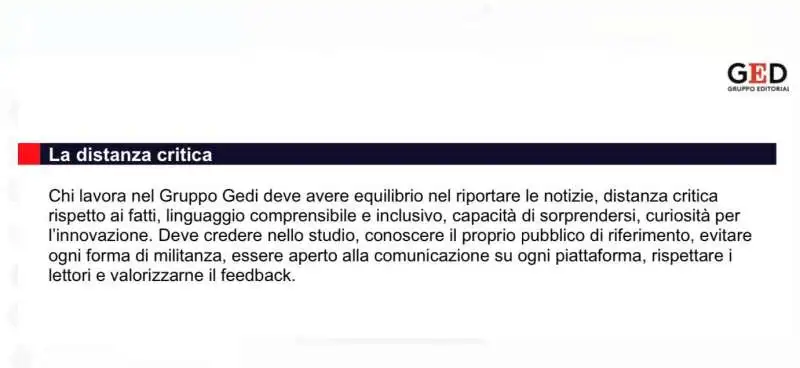 IL DOCUMENTO SULLA MISSION DEL GRUPPO GEDI INVIATO AI GIORNALISTI