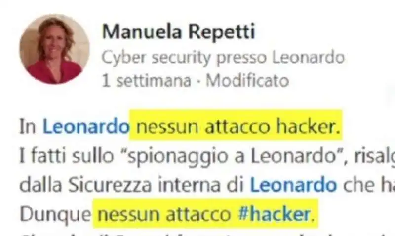 IL POST DI MANUELA REPETTI SUL SABOTAGGIO A LEONARDO