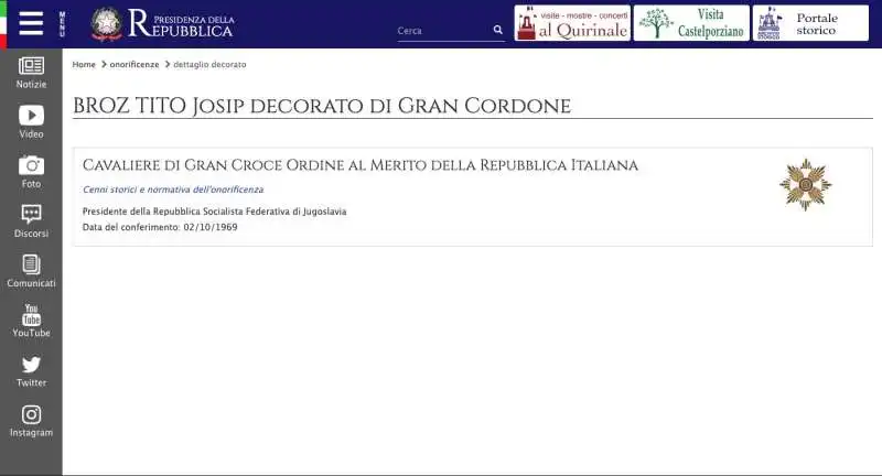 Maresciallo Tito - Cavaliere di Gran Croce Ordine al Merito della Repubblica Italiana