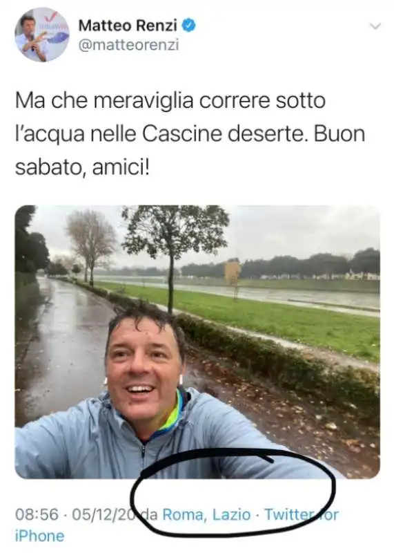 MATTEO RENZI CORRE DALLE CASCINE MA TWITTER DICE CHE E' A ROMA