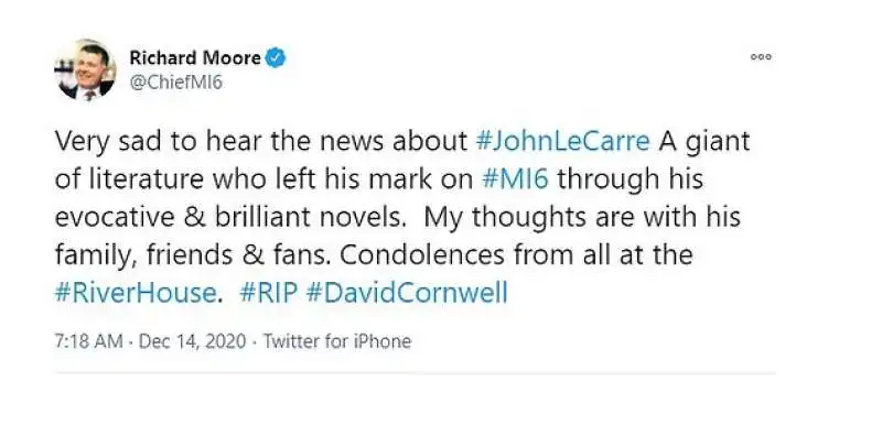 TWEET DEL CAPO DELL MI6 RICHARD MOORE SULLA MORTE DI JOHN LE CARRE