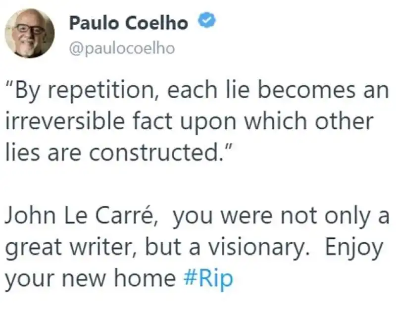 TWEET DI PAULO COELHO SULLA MORTE DI JOHN LE CARRE 