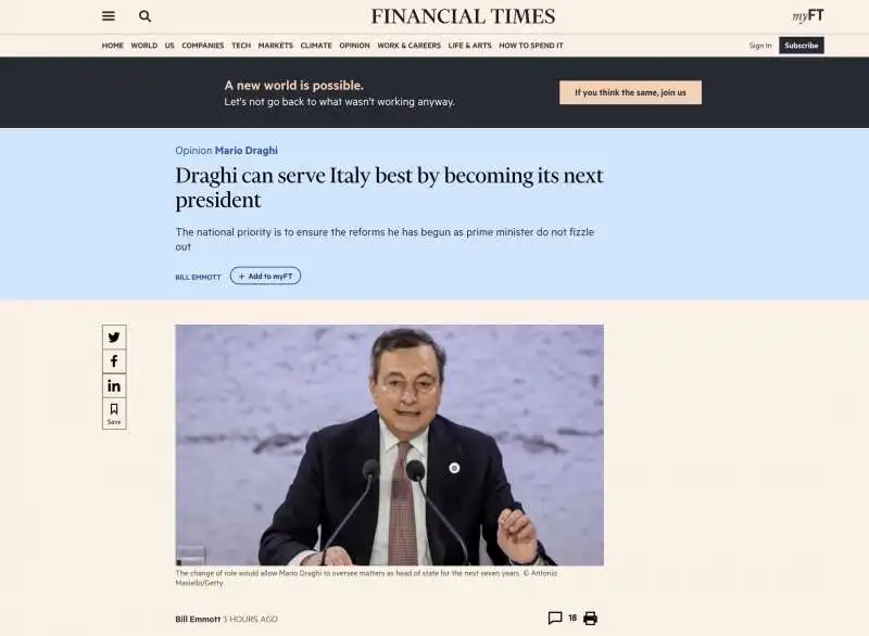 ARTICOLO DI BILL EMMOTT SUL FINANCIAL TIMES SU DRAGHI AL QUIRINALE