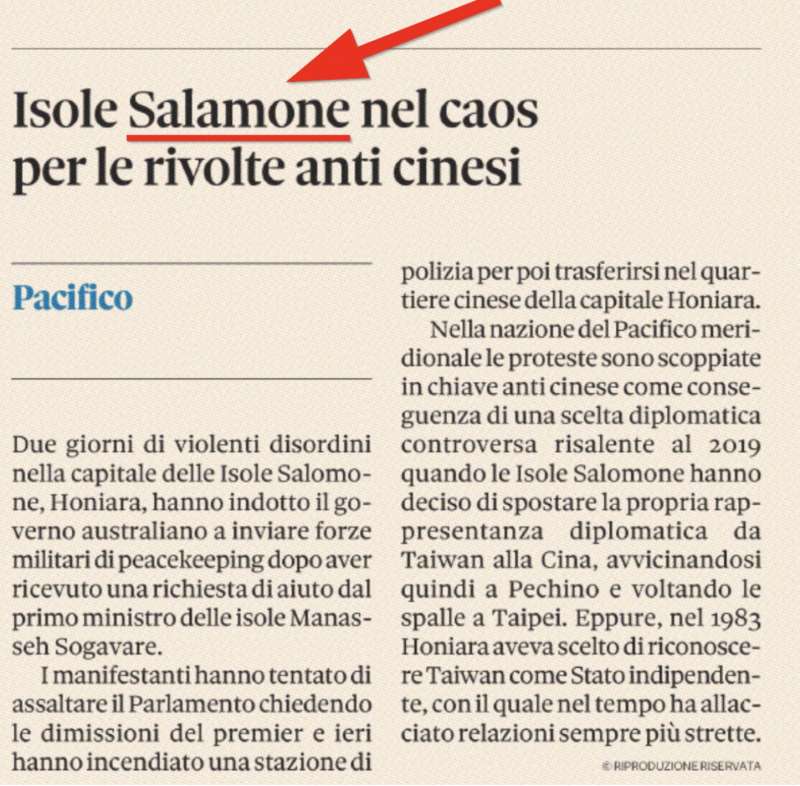 Sole 24 Ore - Isole Salomone diventano Salamone