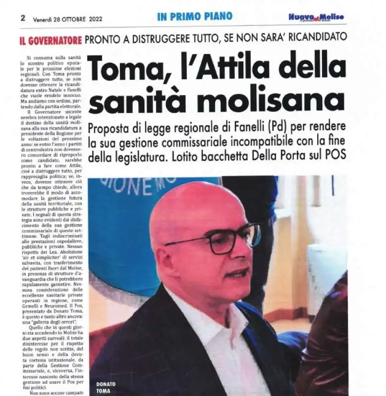 articolo del nuovo molise su donato toma