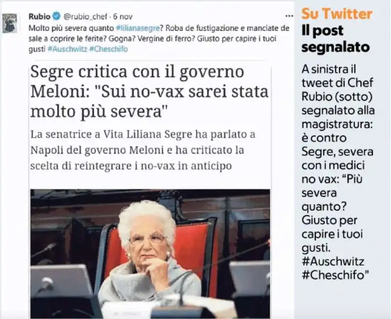 IL TWEET DI CHEF RUBIO CONTRO LILIANA SEGRE  SEGNALATO ALLA MAGISTRATURA