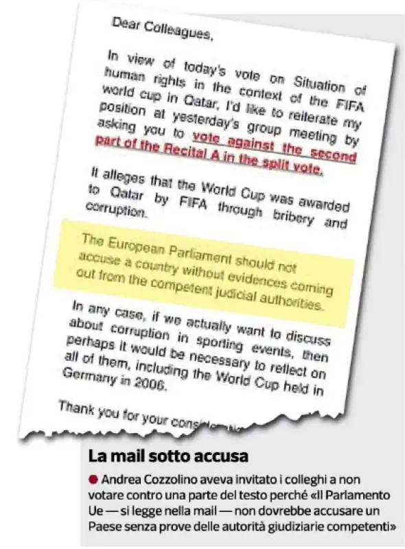 LA MAIL DI ANDREA COZZOLINO IN DIFESA DEL QATAR