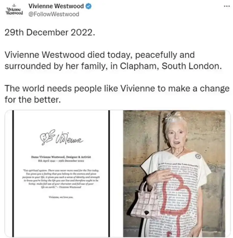 vivienne westwood    annuncio della morte 