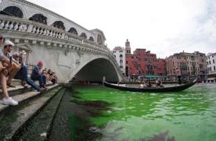 il canal grande colorato di verde dagli ambientalisti di Extinction Rebllion