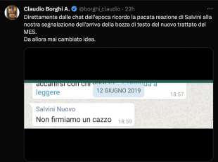 IL TWEET DI CLAUDIO BORGHI CON IL VECCHIO MESSAGGIO DI MATTEO SALVINI SUL MES (NON FIRMIAMO UN CAZZO)