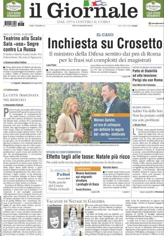 INCHIESTA SU CROSETTO - PRIMA PAGINA DEL GIORNALE - 7 DICEMBRE 2023 