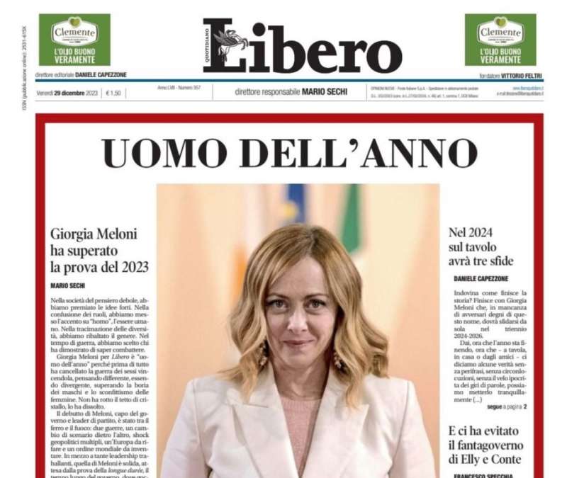 meloni uomo dell anno - prima pagina di libero del 29 dicembre 2023