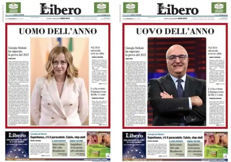 MEME SULLA PRIMA DI LIBERO CON GIORGIA MELONI UOMO DELL'ANNO