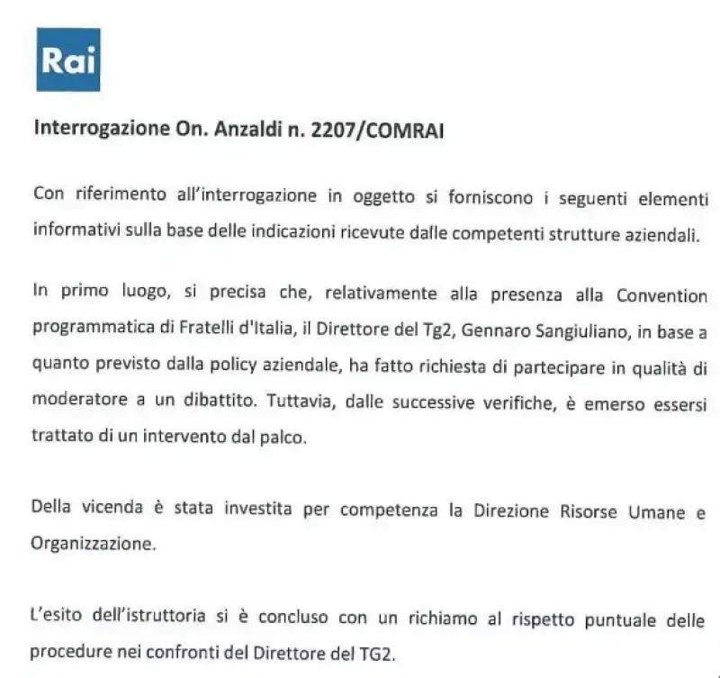 PROCEDURA DISCIPLINARE DELLA RAI SU GENNARO SANGIULIANO