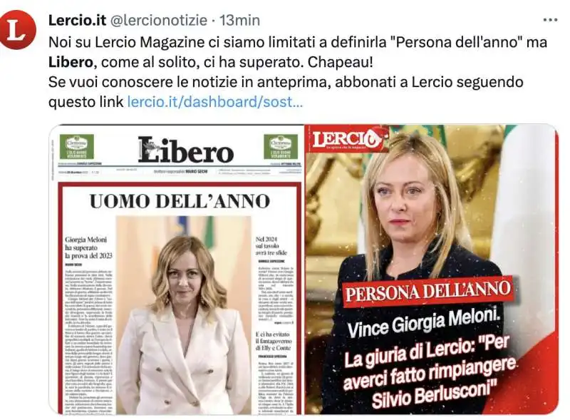 tweet su giorgia meloni eletto uomo dell anno   1