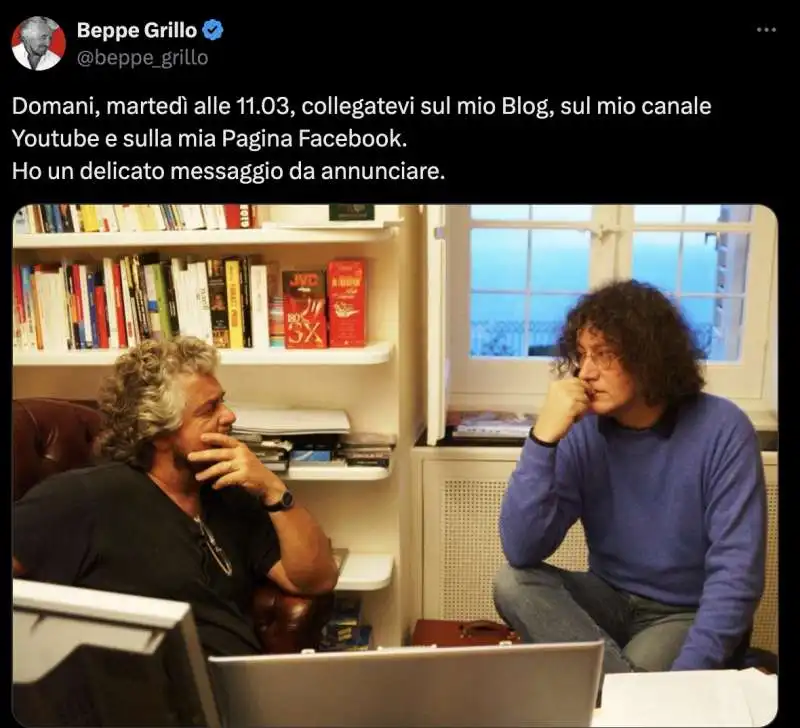 BEPPE GRILLO POSTA UNA FOTO DI LUI E CASALEGGIO E ANNUNCIA UN MESSAGGIO DELICATO 