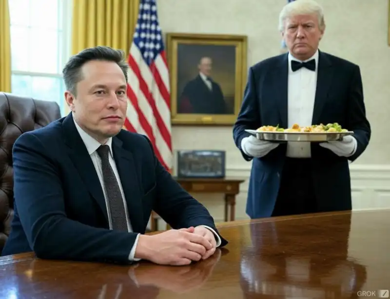 DONALD TRUMP CAMERIERE DI ELON MUSK - IMMAGINE CREATA CON GROK 