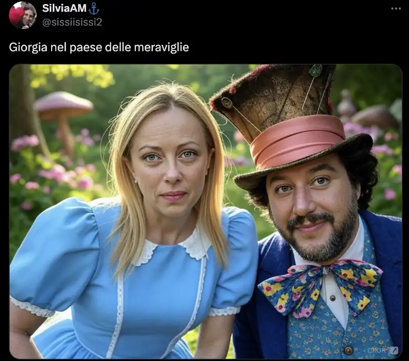 GIORGIA MELONI E MATTEO SALVINI COME ALICE E IL CAPPELLAIO MATTO - IMMAGINE CREATA CON L INTELLIGENZA ARTIFICIALE 