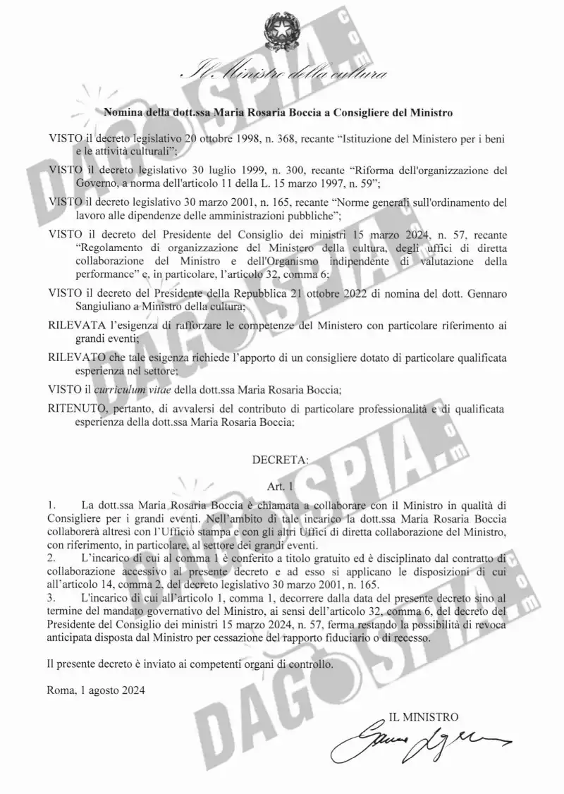 IL DECRETO DI NOMINA DI MARIA ROSARIA BOCCIA FIRMATO DA GENNARO SANGIULIANO IL 1 AGOSTO 