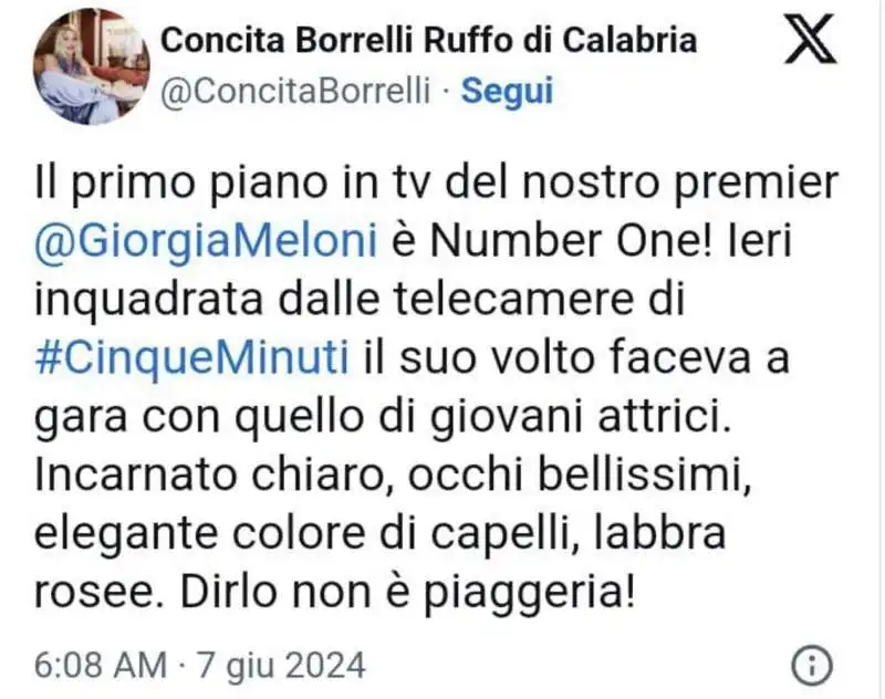 TWEET DI CONCITA BORRELLI SUL VOLTO DI GIORGIA MELONI